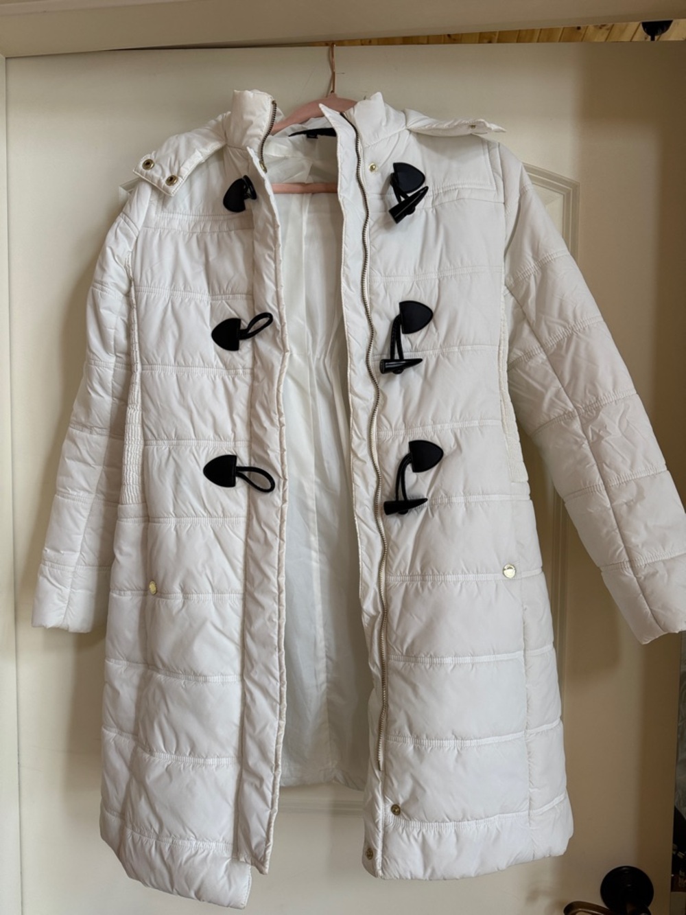 Express White Puffer Coat with Black Toggle Details